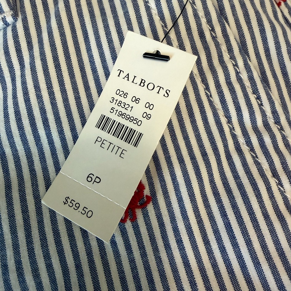 Talbots Blue and White Striped Petite Top with Red Embroidery